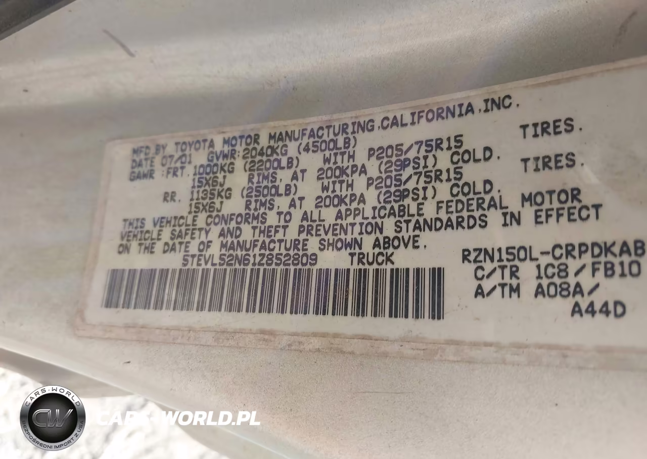 2001 Toyota Tacoma VIN:5TEVL52N61Z852809 - 9
