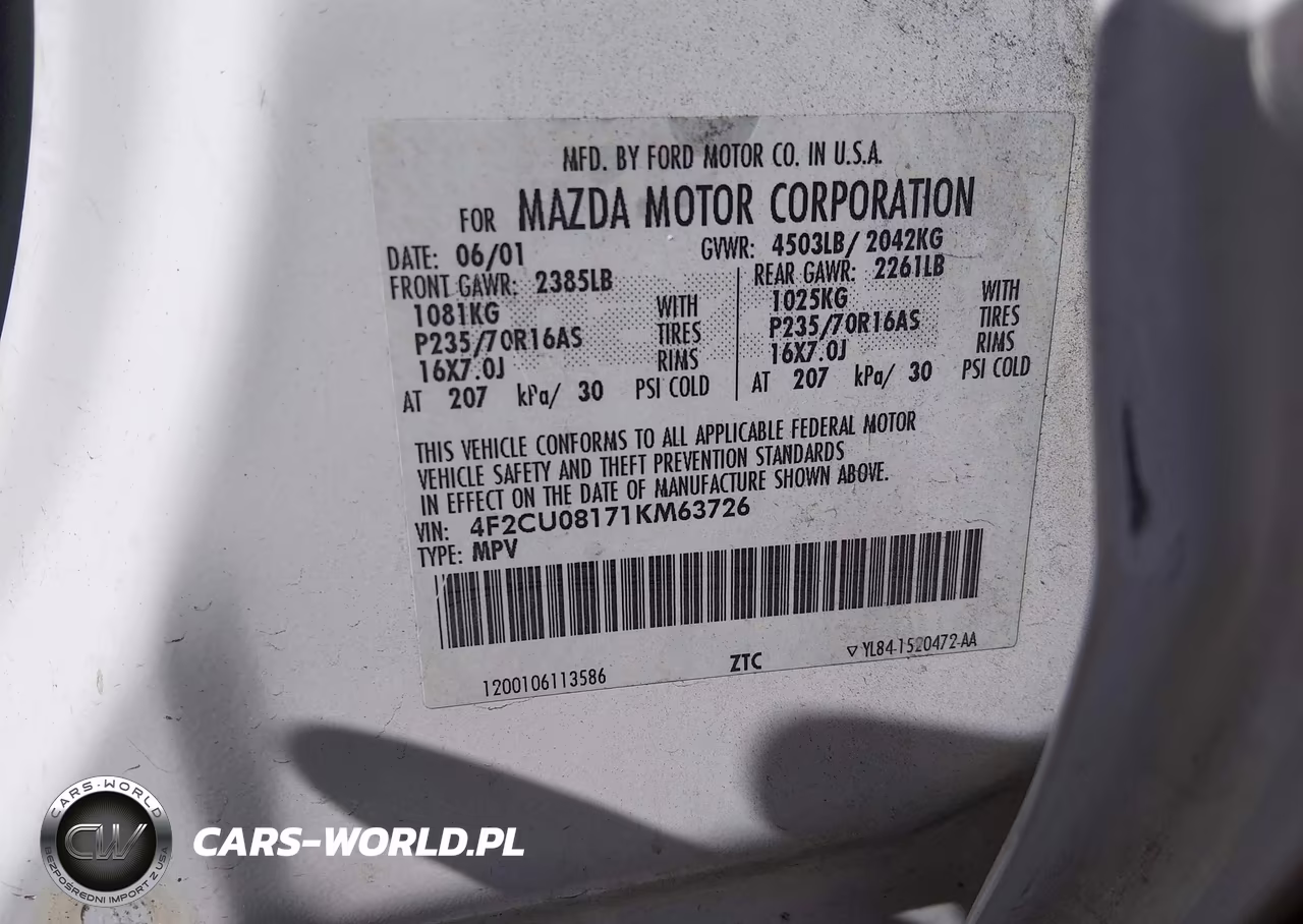 2001 Mazda Tribute Es V6-Lx V6 VIN:4F2CU08171KM63726 - 9