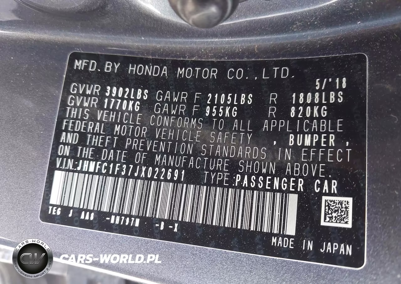2018 Honda Civic Ex-T VIN:JHMFC1F37JX022691 - 9