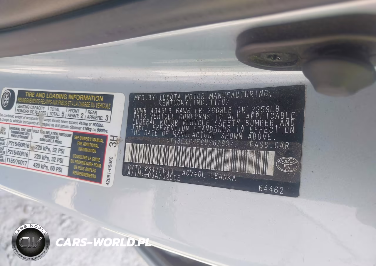 2008 Toyota Camry Le VIN:4T1BE46K58U767837 - 9