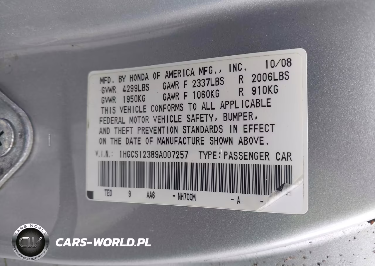 2009 Honda Accord 2.4 Lx-S VIN:1HGCS12389A007257 - 9