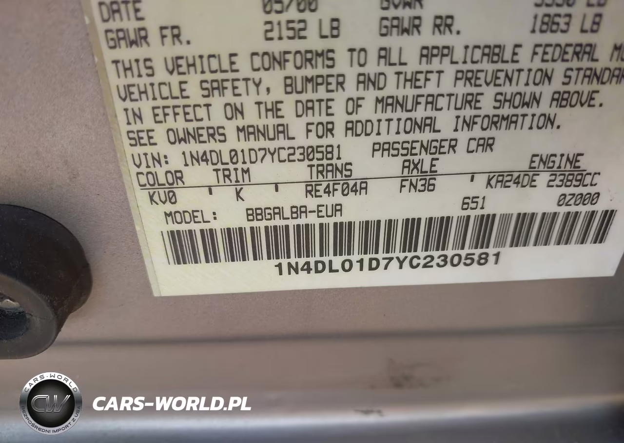 2000 Nissan Altima Gle-Gxe-Se-Xe VIN:1N4DL01D7YC230581 - 9
