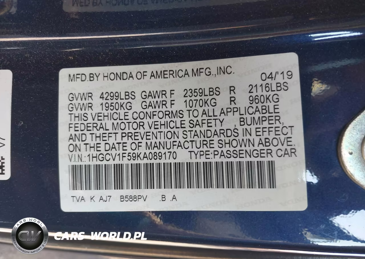 2019 Honda Accord Ex-L VIN:1HGCV1F59KA089170 - 9