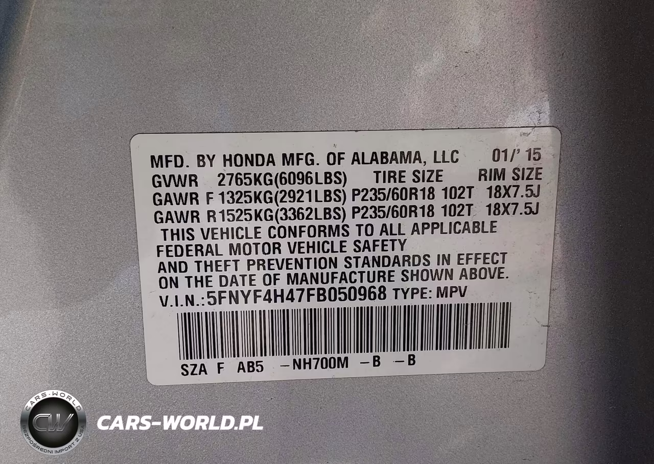 2015 Honda Pilot Ex VIN:5FNYF4H47FB050968 - 9
