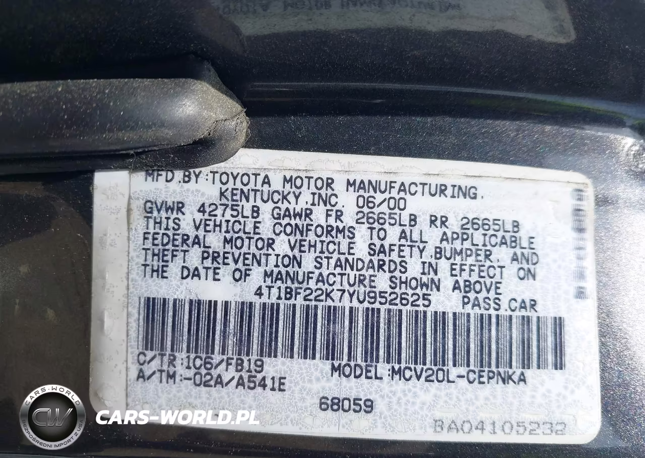 2000 Toyota Camry Le V6 VIN:4T1BF22K7YU952625 - 9