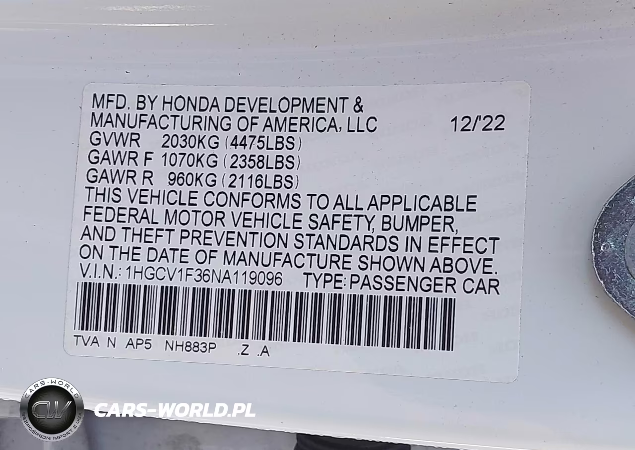 2022 Honda Accord Sport VIN:1HGCV1F36NA119096 - 9