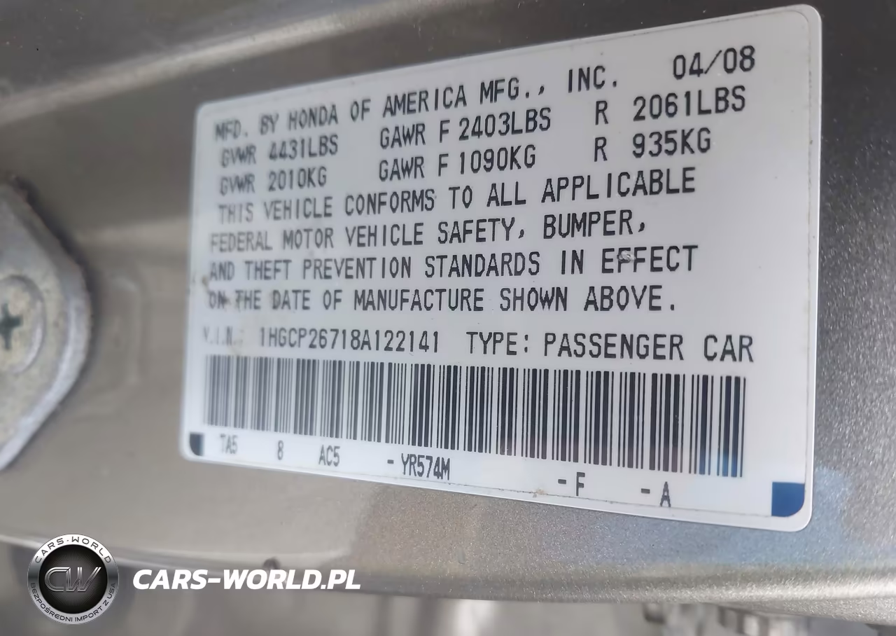 2008 Honda Accord 2.4 Ex VIN:1HGCP26718A122141 - 9