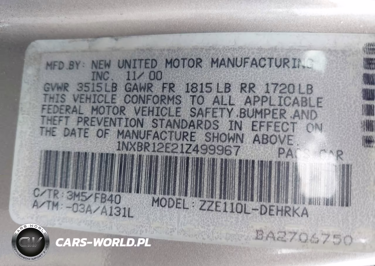 2001 Toyota Corolla Ce VIN:1NXBR12E21Z499967 - 9