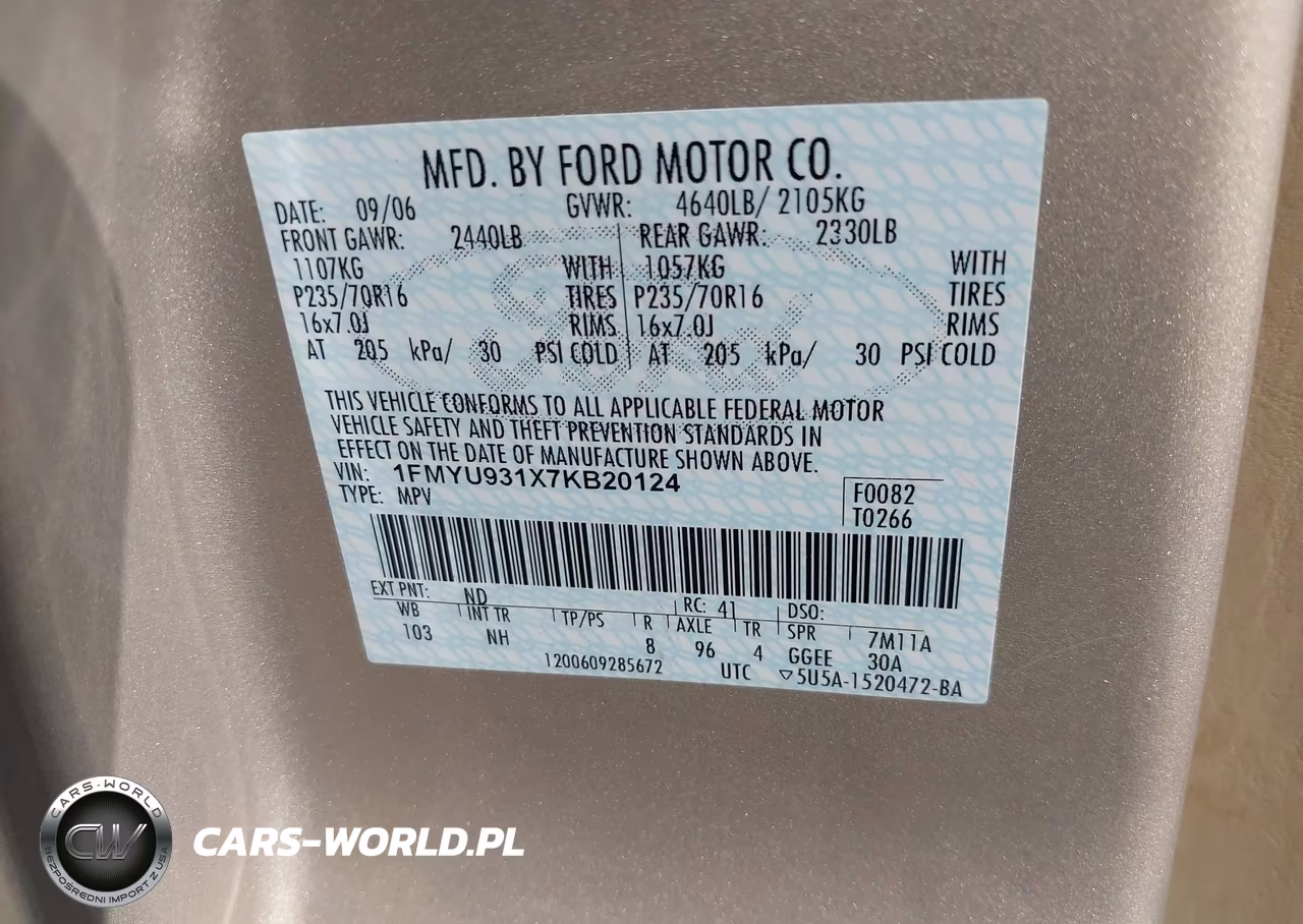 2007 Ford Escape Xlt-Xlt Sport VIN:1FMYU931X7KB20124 - 9