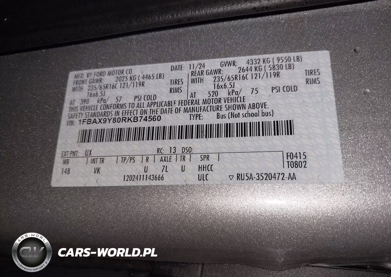 2024 Ford Transit-350 Passenger Van Xl VIN:1FBAX9Y80RKB74560 - 9