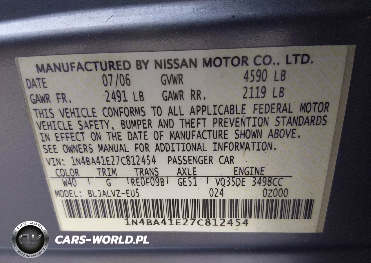 2007 Nissan Maxima 3.5 Se VIN:1N4BA41E27C812454 - 9