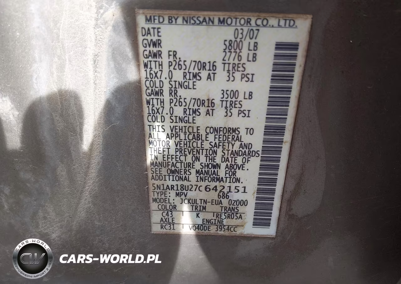 2007 Nissan Pathfinder Se VIN:5N1AR18U27C642151 - 9