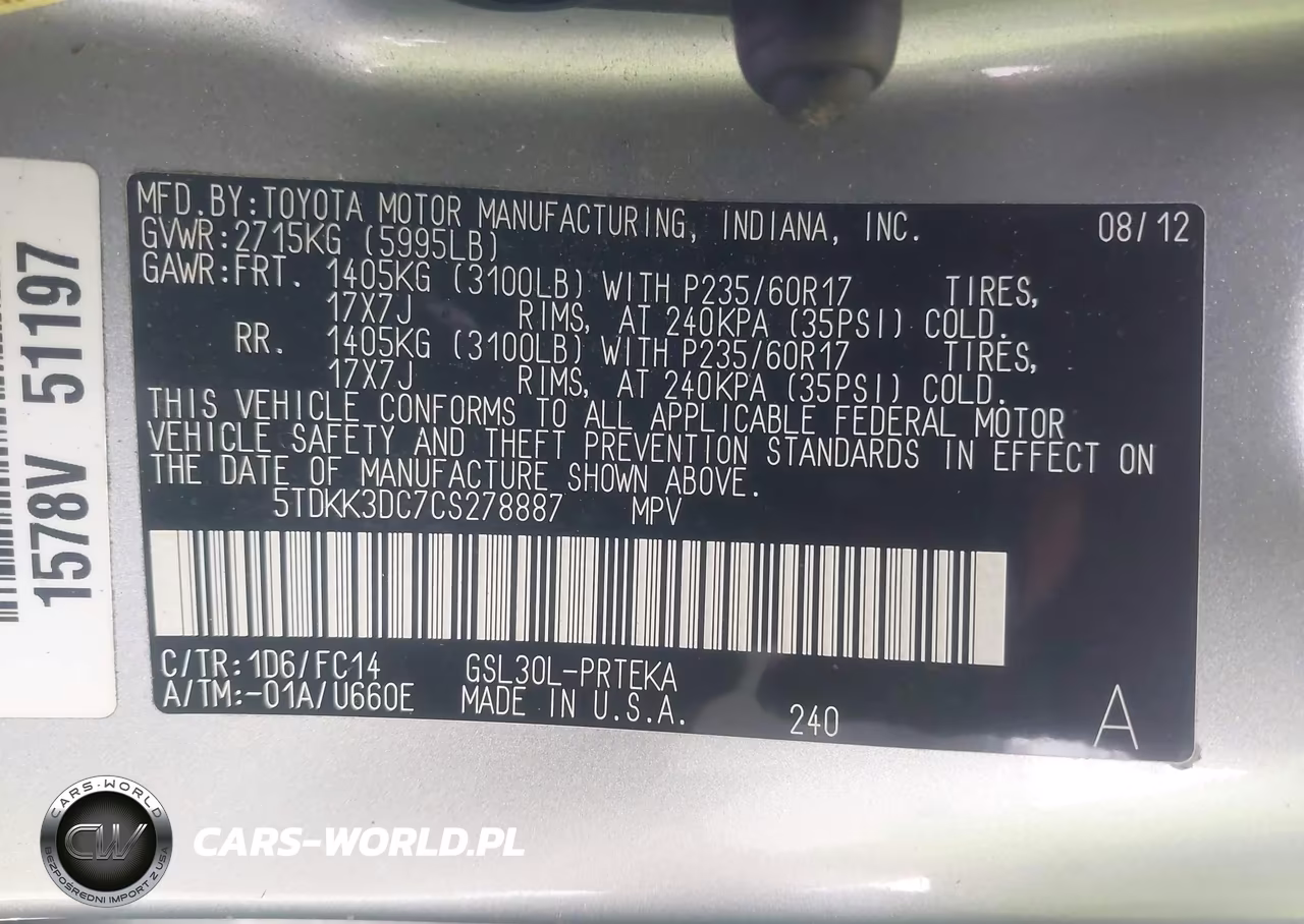 2012 Toyota Sienna Le V6 8 Passenger VIN:5TDKK3DC7CS278887 - 9