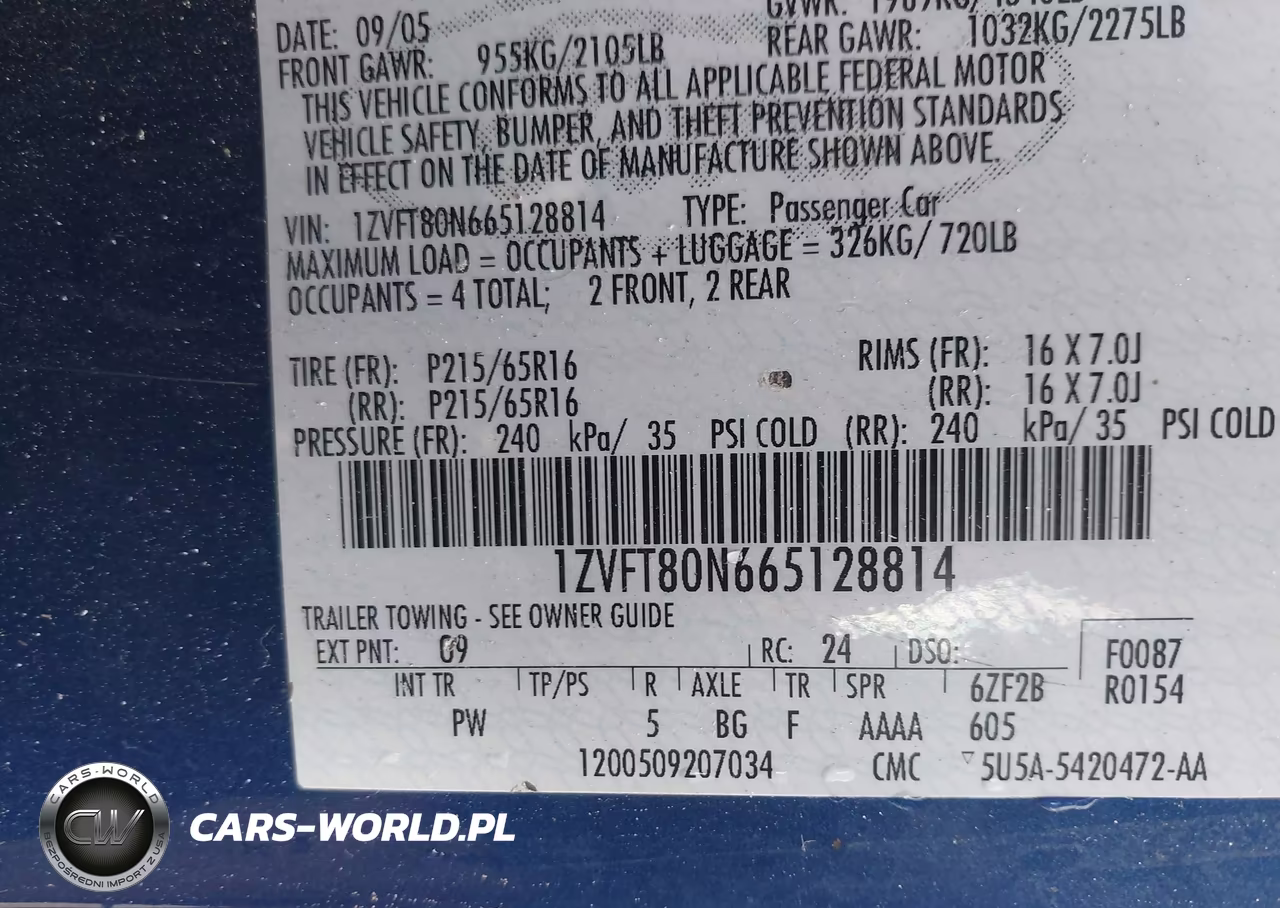 2006 Ford Mustang V6 VIN:1ZVFT80N665128814 - 9