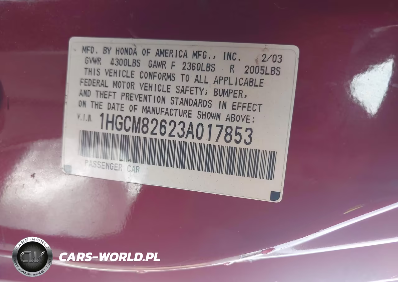 2003 Honda Accord Cpe Ex VIN:1HGCM82623A017853 - 9