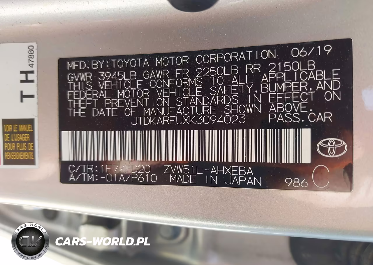 2019 Toyota Prius Le VIN:JTDKARFUXK3094023 - 9