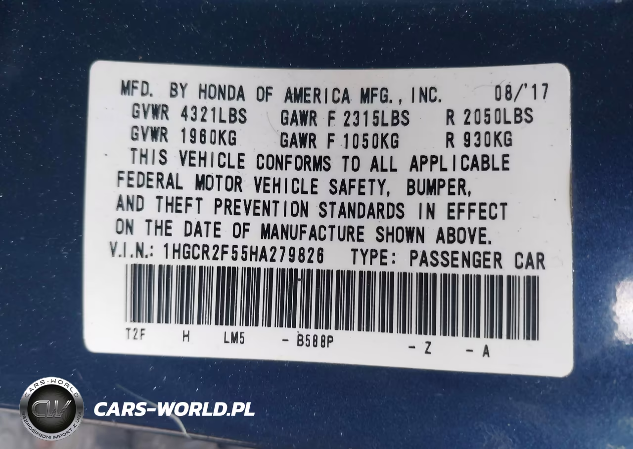 2017 Honda Accord Sport VIN:1HGCR2F55HA279826 - 9
