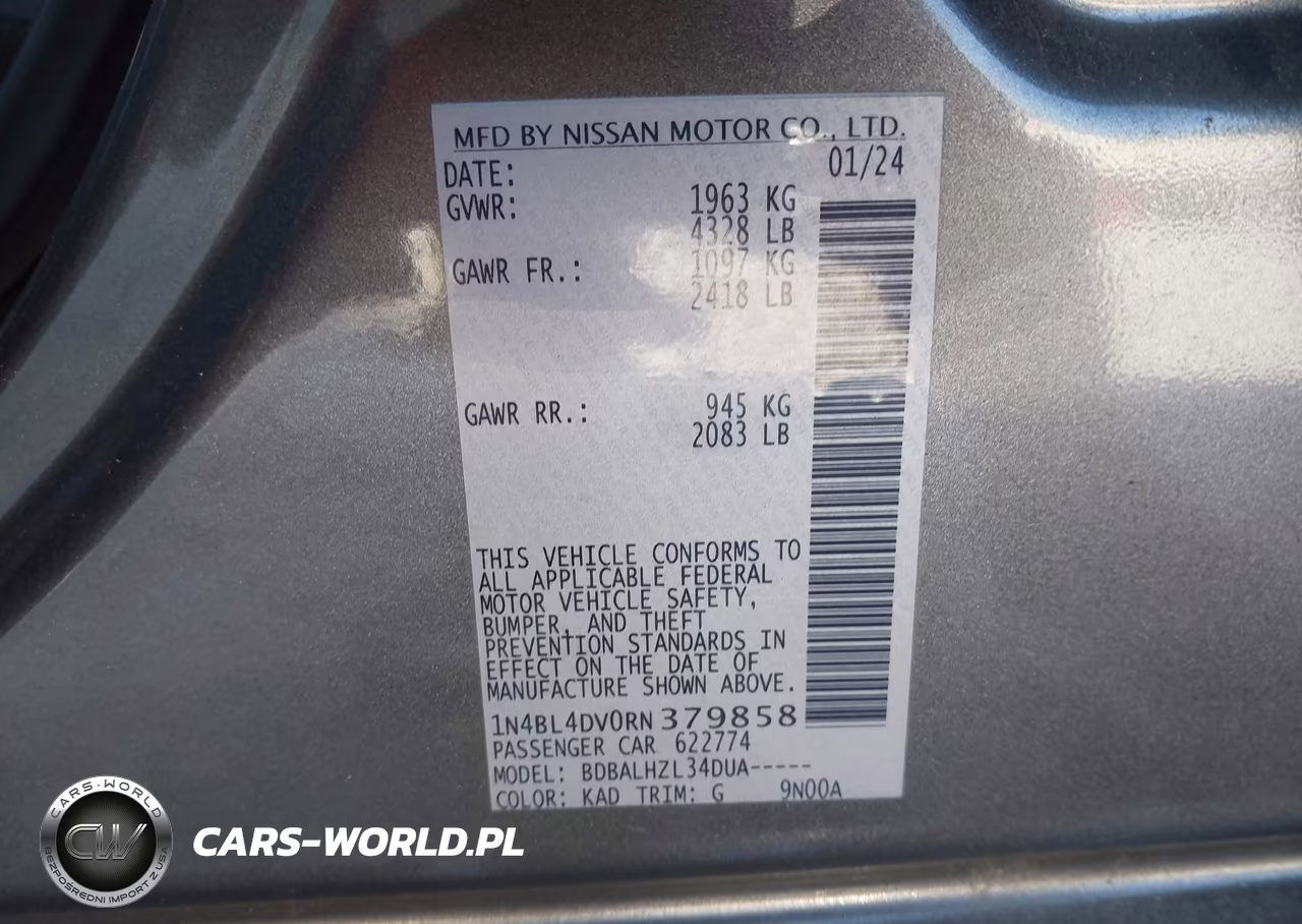 2024 Nissan Altima Sv Fwd VIN:1N4BL4DV0RN379858 - 9