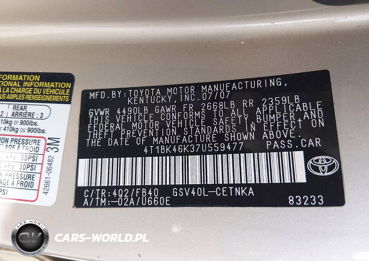 2007 Toyota Camry Le V6 VIN:4T1BK46K37U559477 - 9