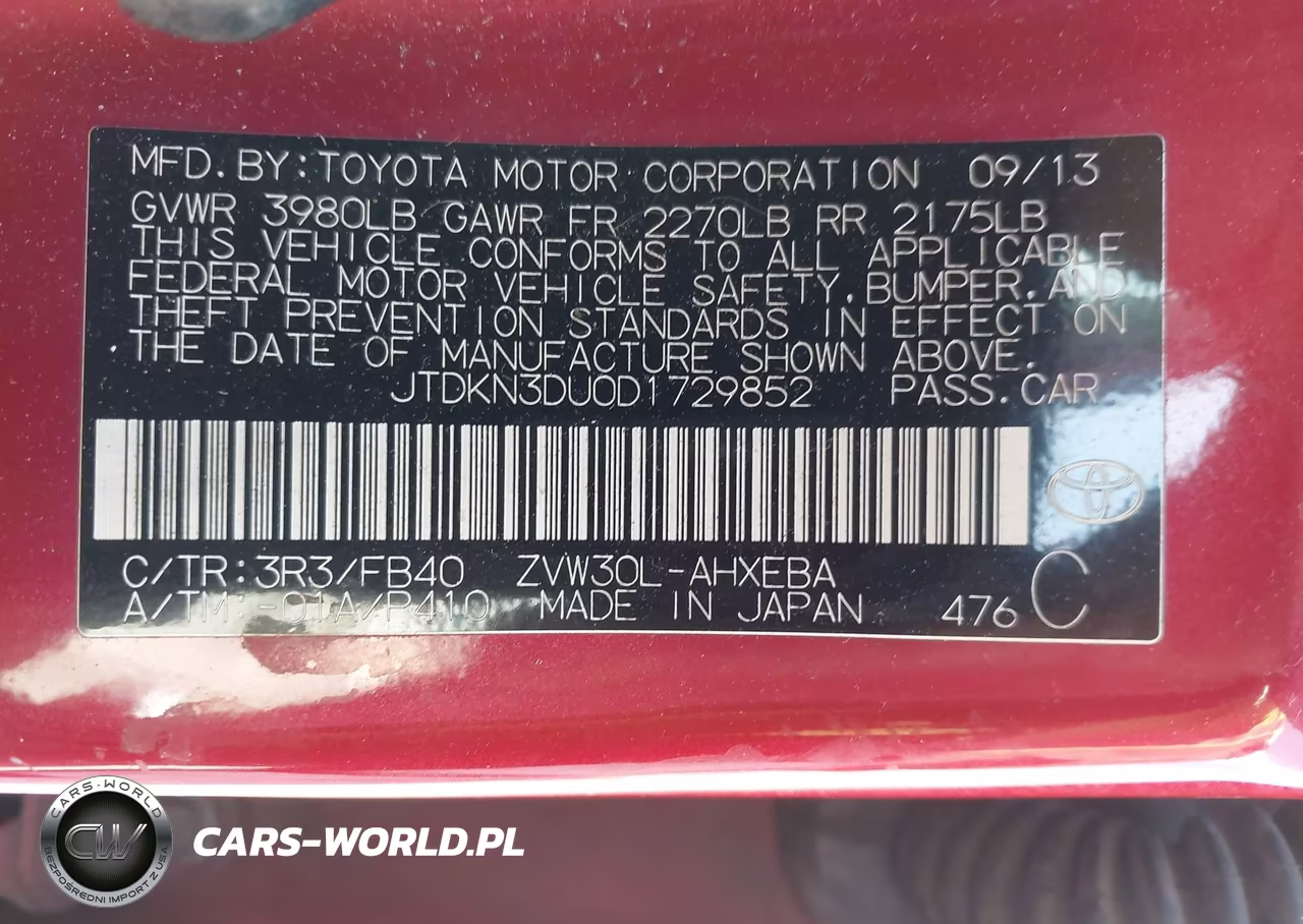 2013 Toyota Prius Two VIN:JTDKN3DU0D1729852 - 9