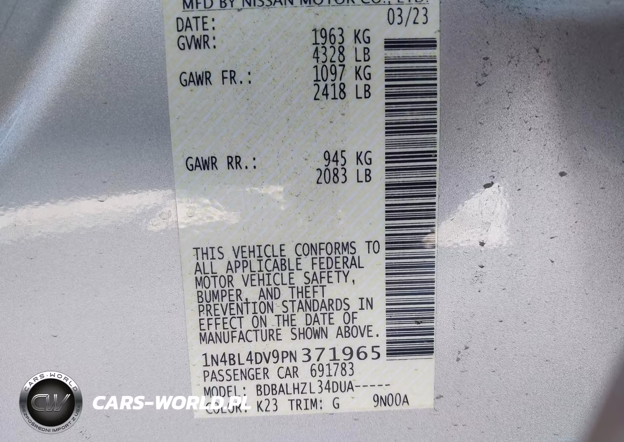 2023 Nissan Altima Sv Fwd VIN:1N4BL4DV9PN371965 - 9