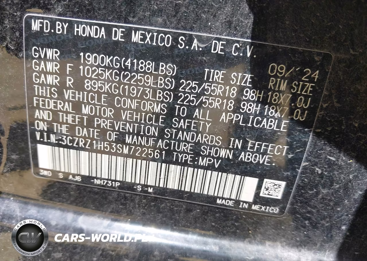 2025 Honda Hr-V 2Wd Sport VIN:3CZRZ1H53SM722561 - 9