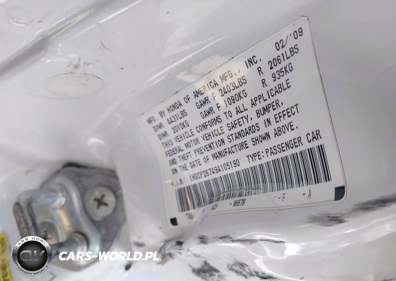 2009 Honda Accord 2.4 Ex VIN:1HGCP26749A105190 - 9
