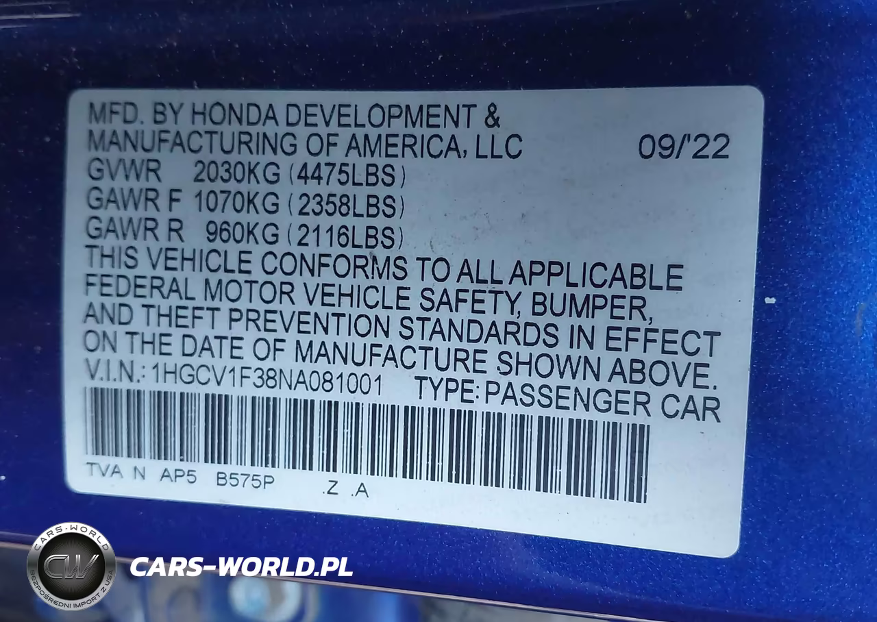2022 Honda Accord Sport VIN:1HGCV1F38NA081001 - 9
