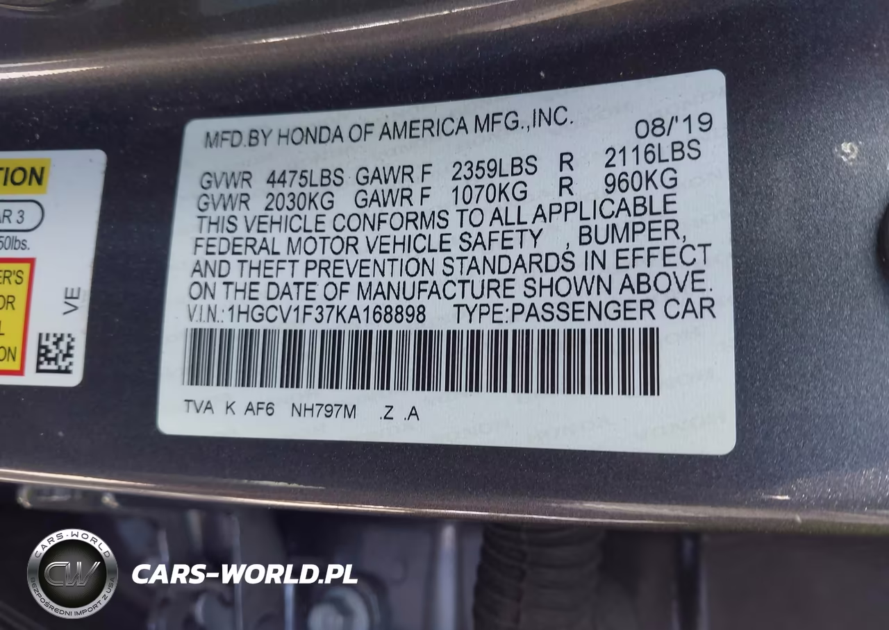 2019 Honda Accord Sport VIN:1HGCV1F37KA168898 - 9