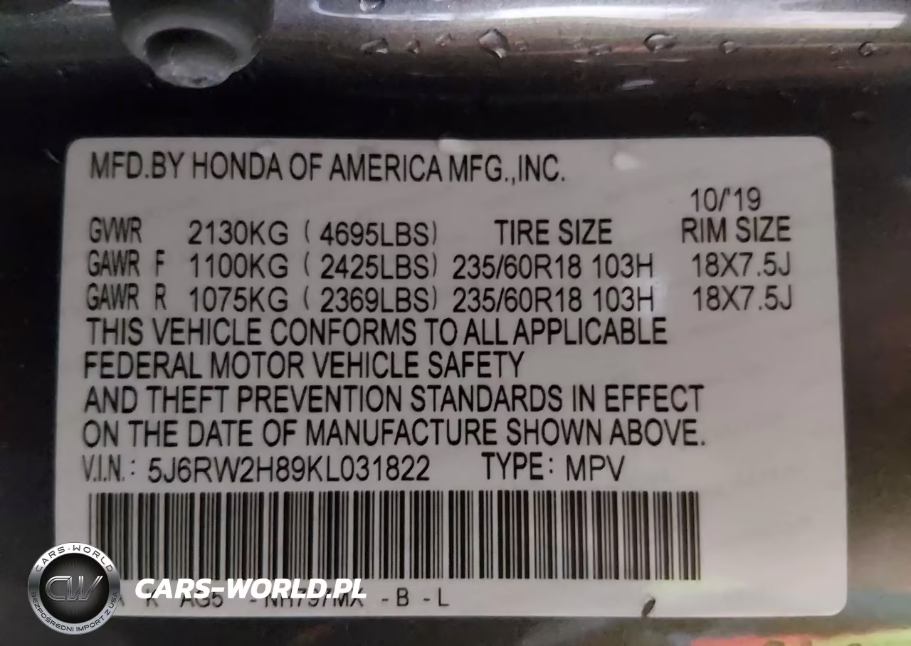 2019 Honda Cr-V Ex-L VIN:5J6RW2H89KL031822 - 9