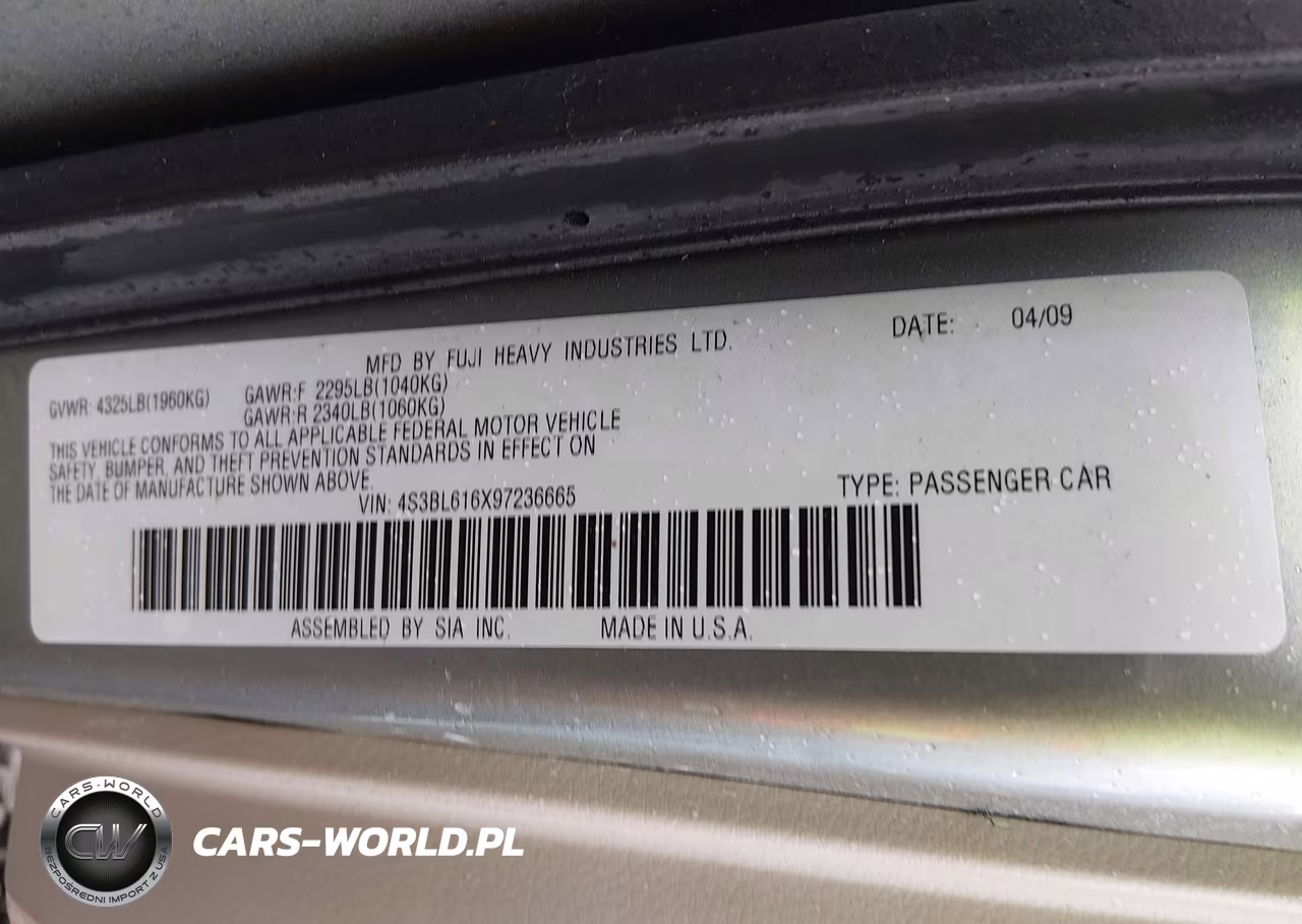 2009 Subaru Legacy 2.5I VIN:4S3BL616X97236665 - 9