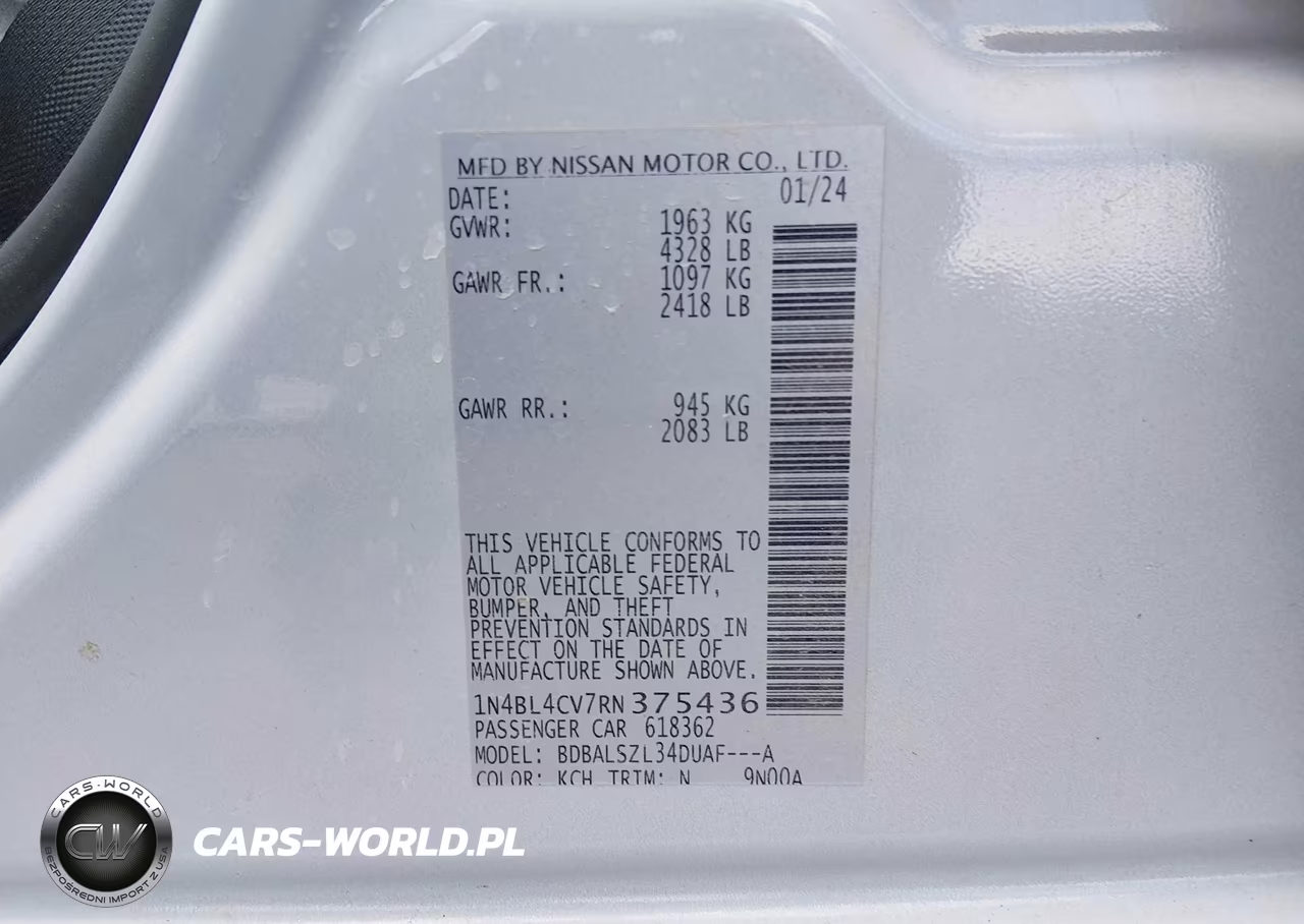 2024 Nissan Altima Sr Fwd VIN:1N4BL4CV7RN375436 - 9