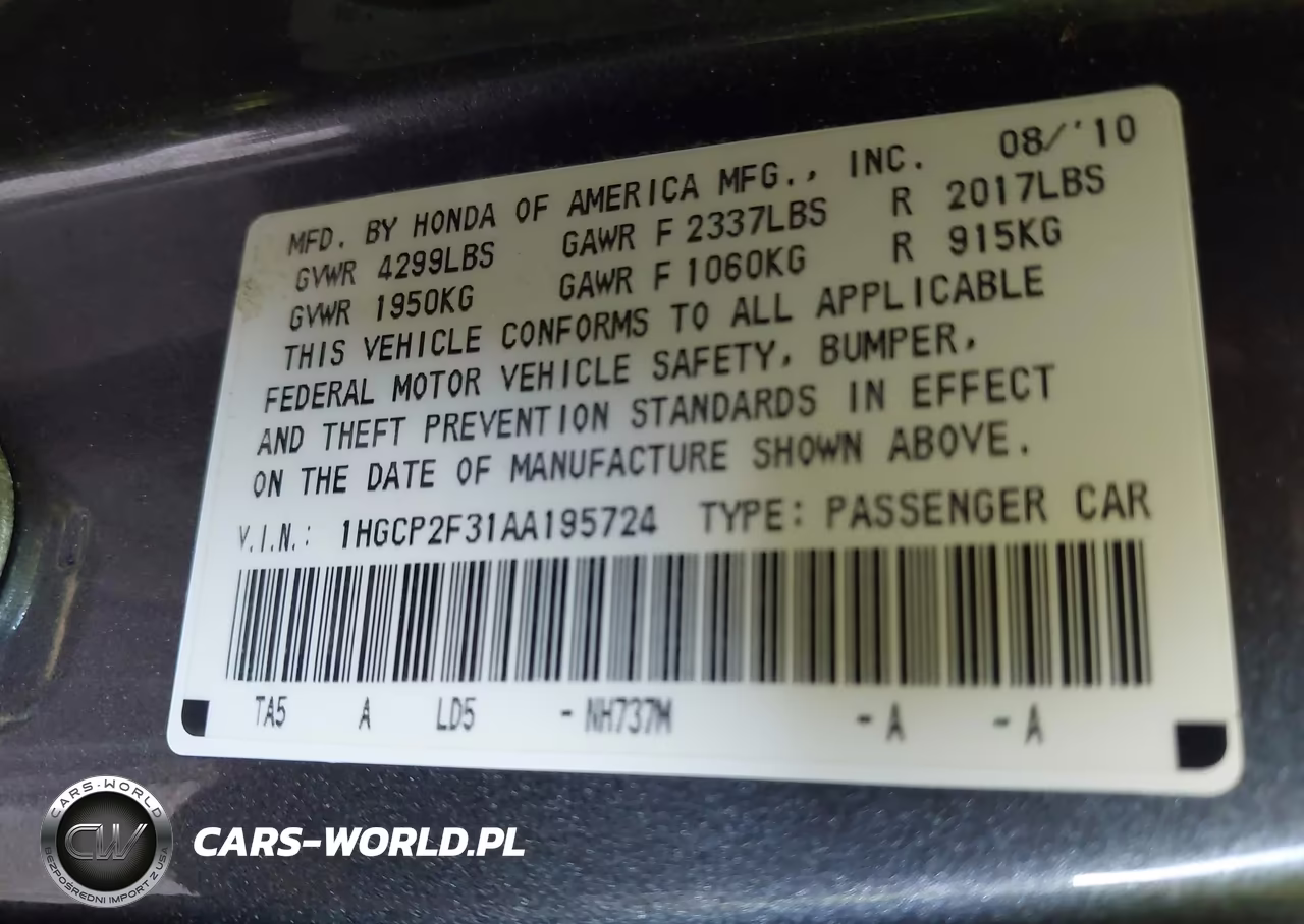 2010 Honda Accord 2.4 Lx VIN:1HGCP2F31AA195724 - 9