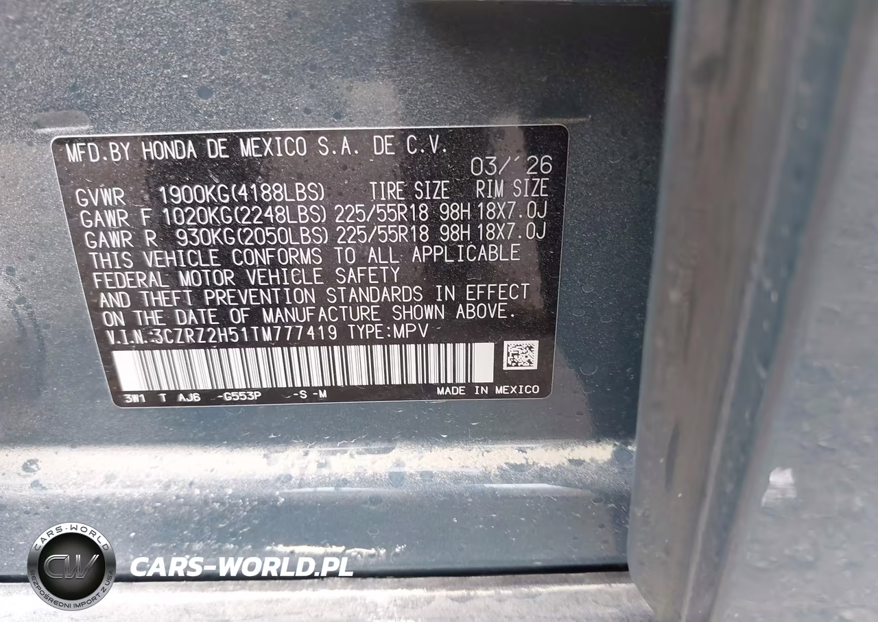 2026 Honda Hr-V Awd Sport VIN:3CZRZ2H51TM777419 - 9