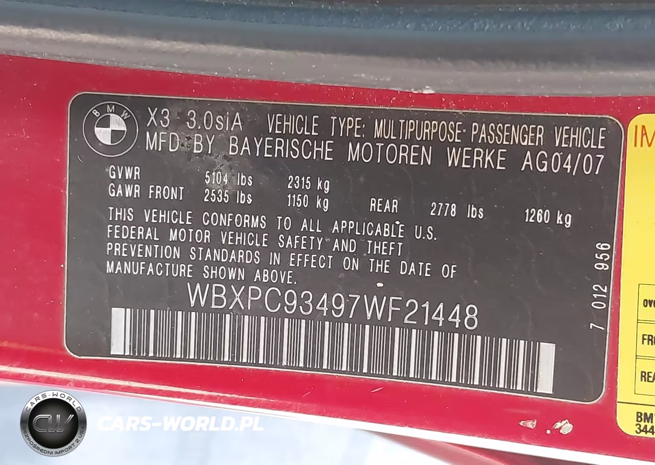 2007 BMW X3 3.0Si VIN:WBXPC93497WF21448 - 9