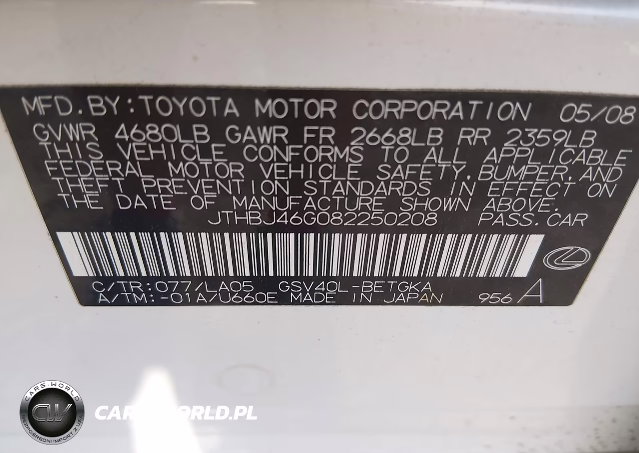 2008 Lexus Es 350 VIN:JTHBJ46G082250208 - 9