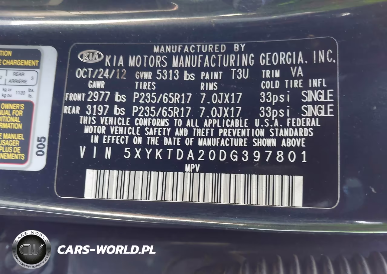 2013 Kia Sorento Lx V6 VIN:5XYKTDA20DG397801 - 9