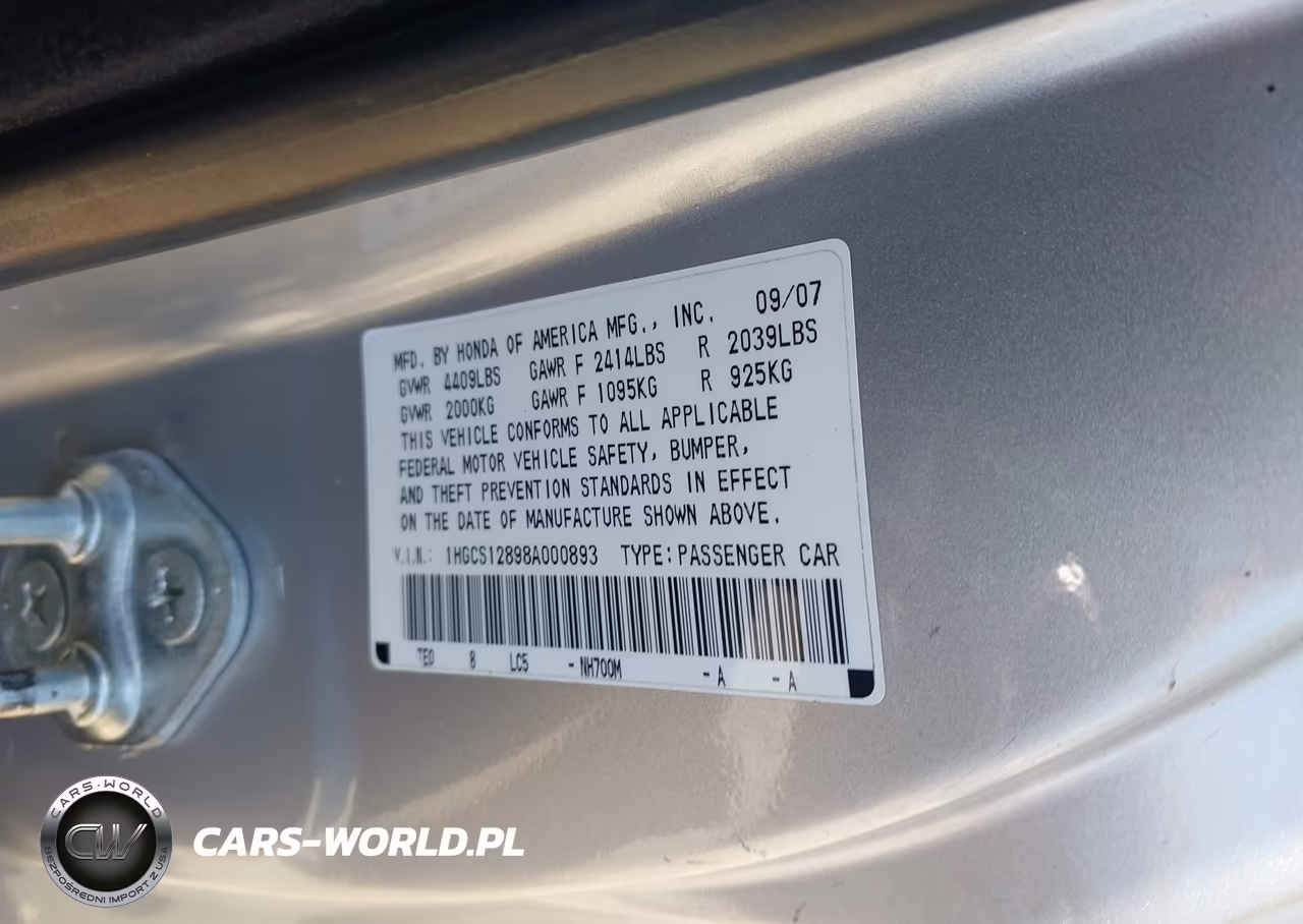 2008 Honda Accord 2.4 Ex-L VIN:1HGCS12898A000893 - 9