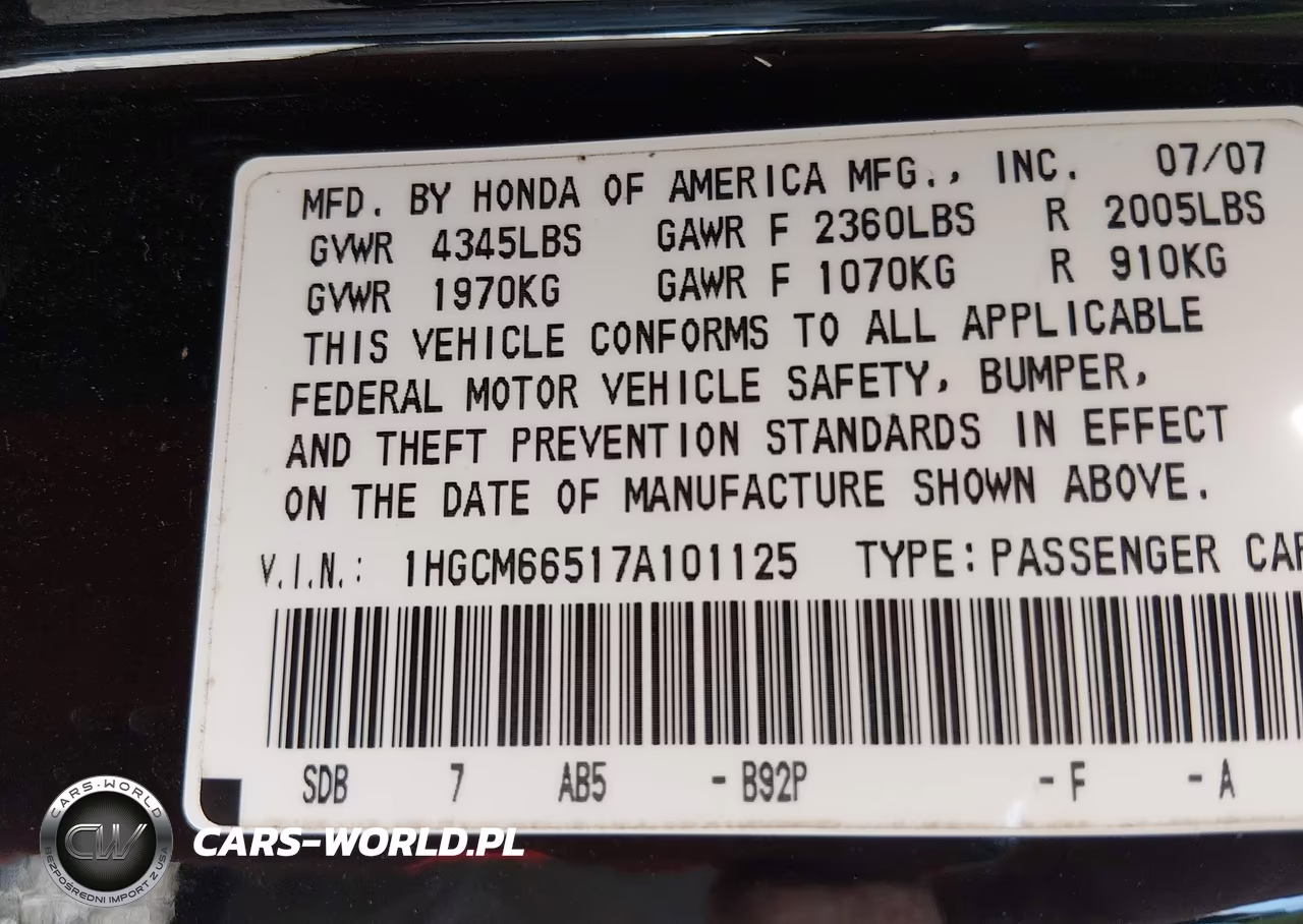 2007 Honda Accord 3.0 Ex VIN:1HGCM66517A101125 - 9