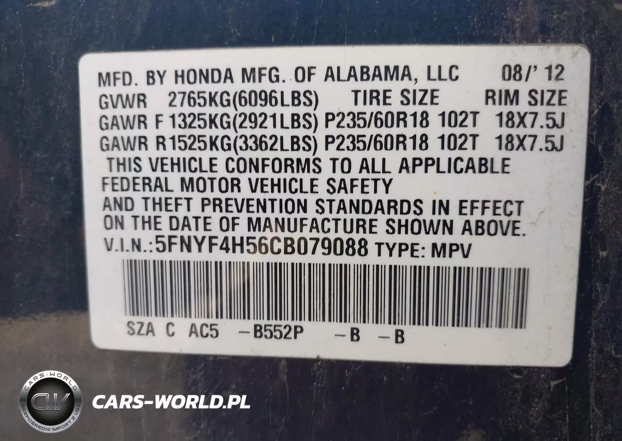 2012 Honda Pilot Ex-L VIN:5FNYF4H56CB079088 - 9