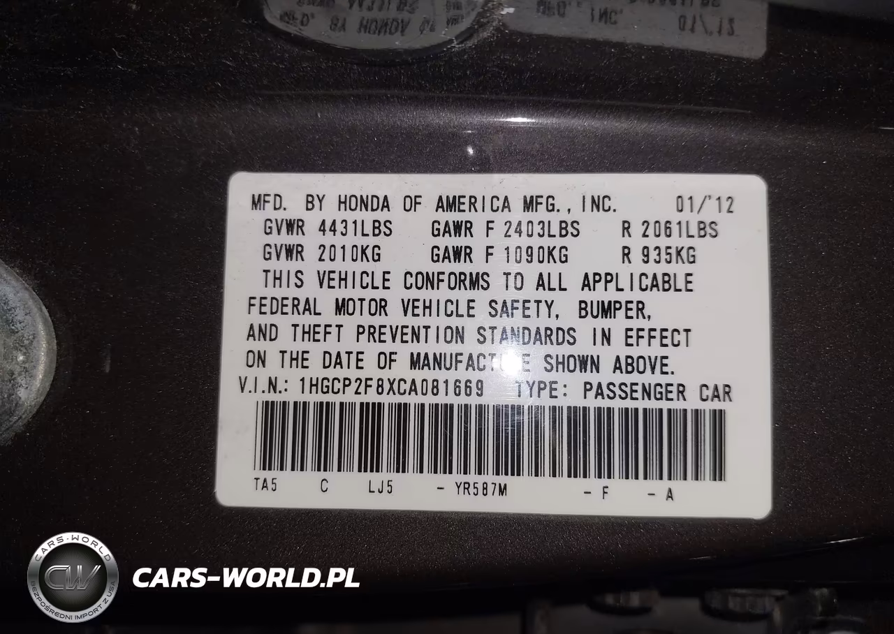 2012 Honda Accord 2.4 Ex-L VIN:1HGCP2F8XCA081669 - 9
