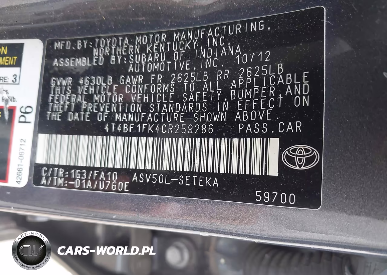 2012 Toyota Camry L VIN:4T4BF1FK4CR259286 - 9