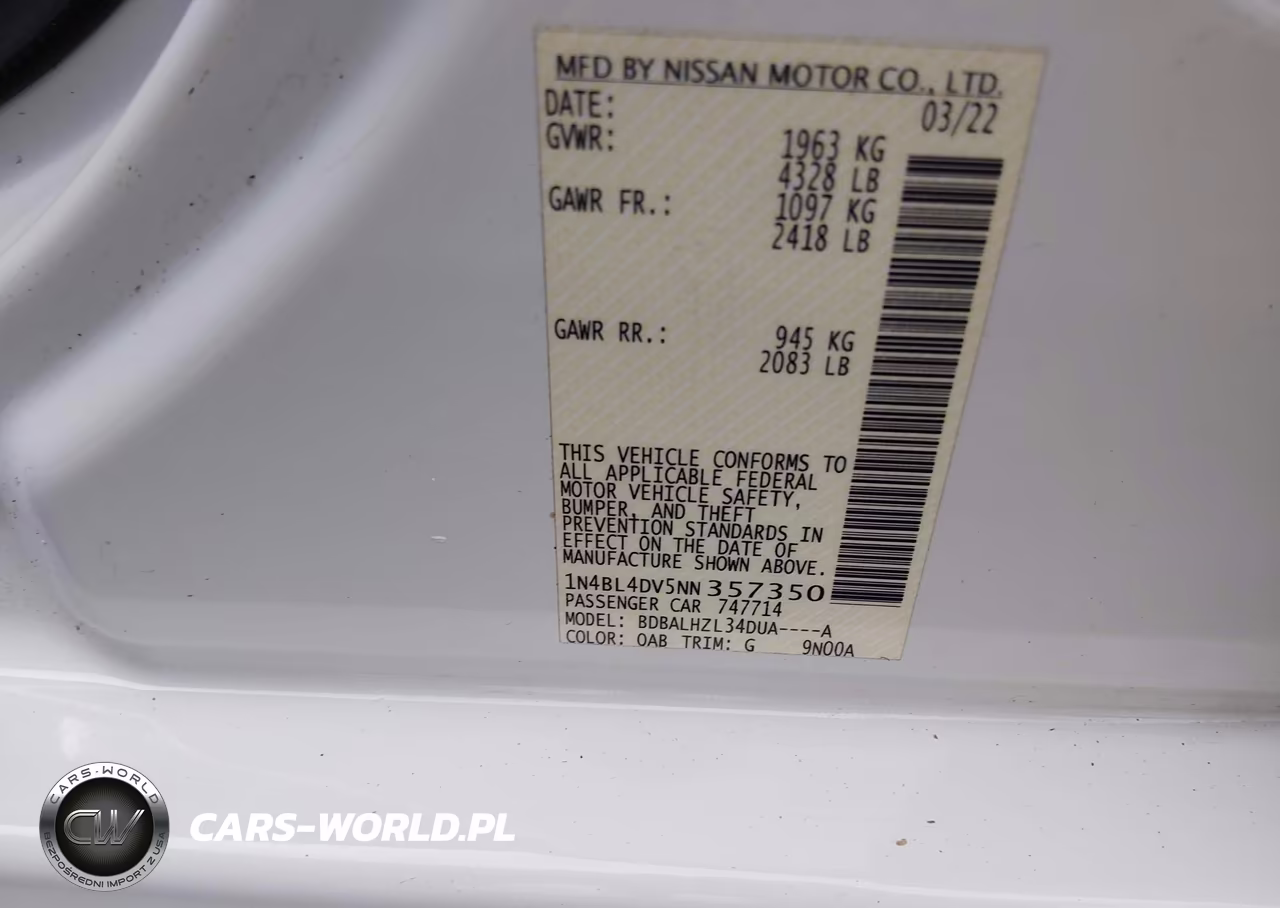2022 Nissan Altima Sv Fwd VIN:1N4BL4DV5NN357350 - 9