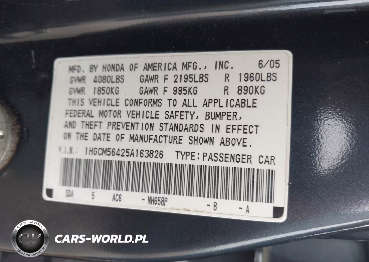 2005 Honda Accord 2.4 Lx VIN:1HGCM56425A163826 - 9