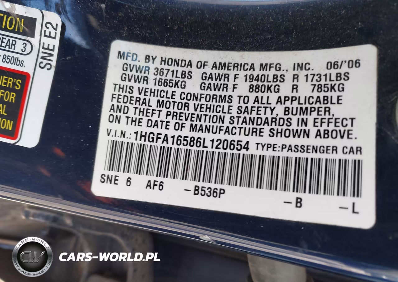 2006 Honda Civic Lx VIN:1HGFA16586L120654 - 9