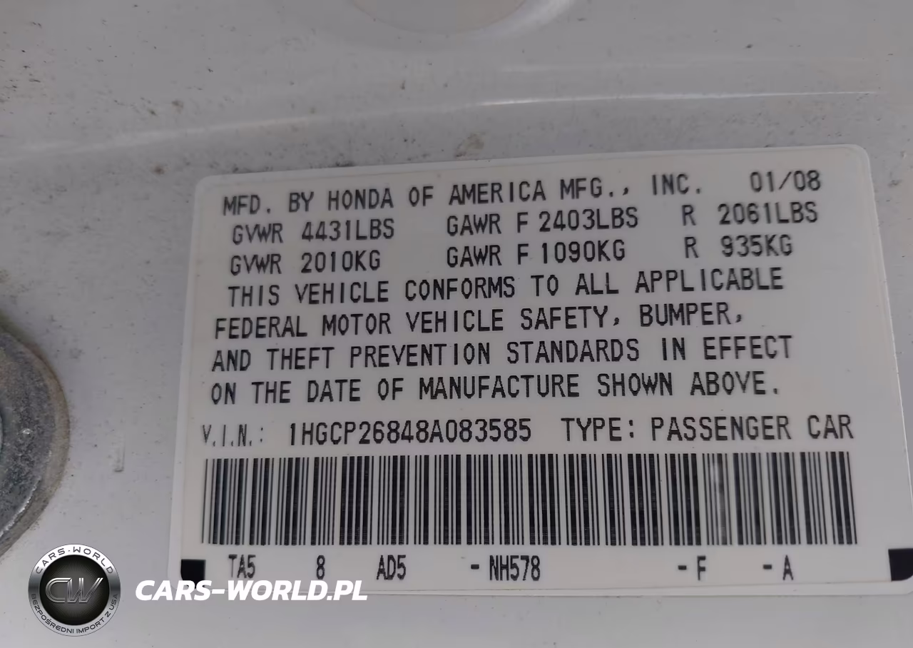 2008 Honda Accord 2.4 Ex-L VIN:1HGCP26848A083585 - 9
