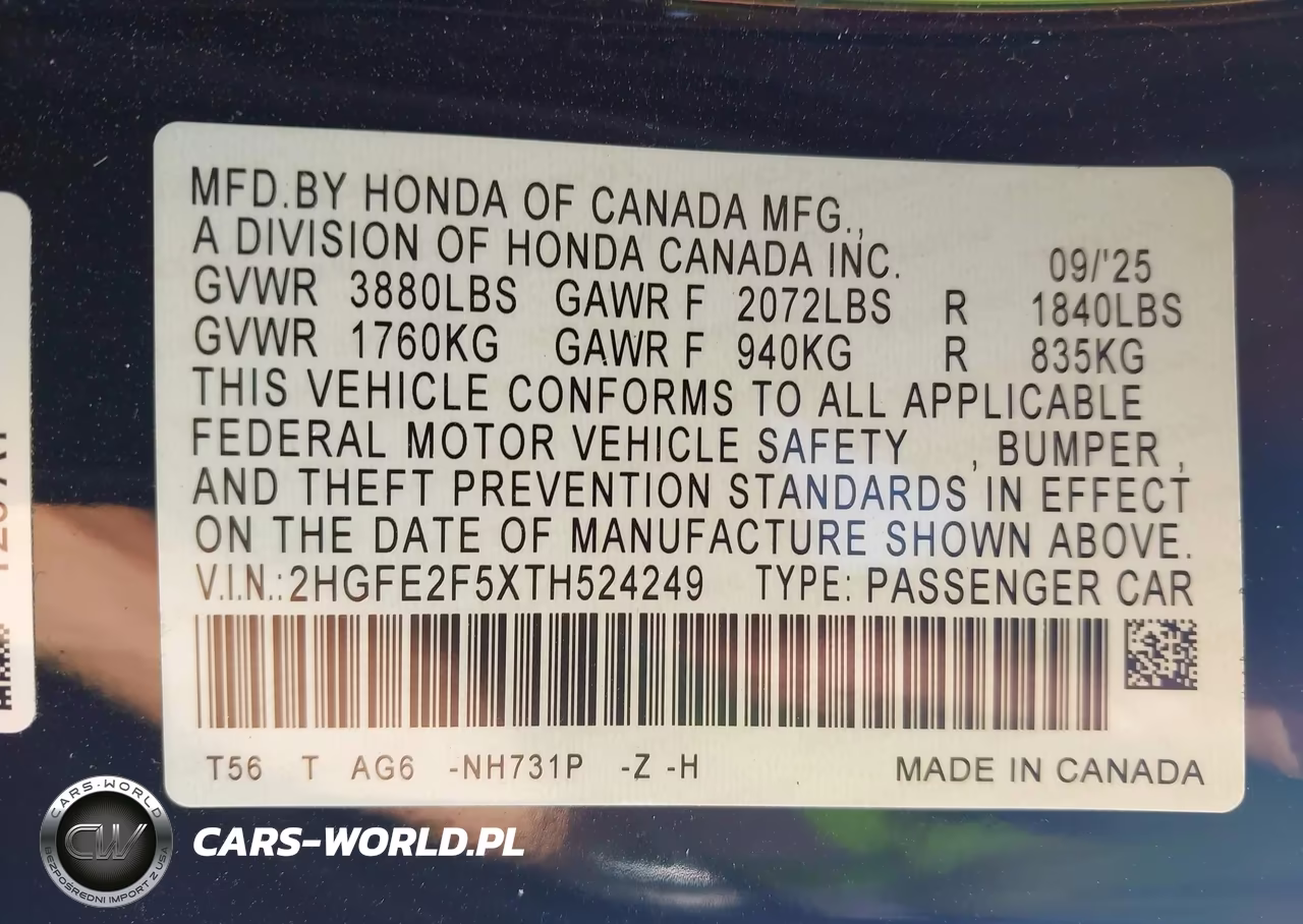2026 Honda Civic Sport VIN:2HGFE2F5XTH524249 - 9