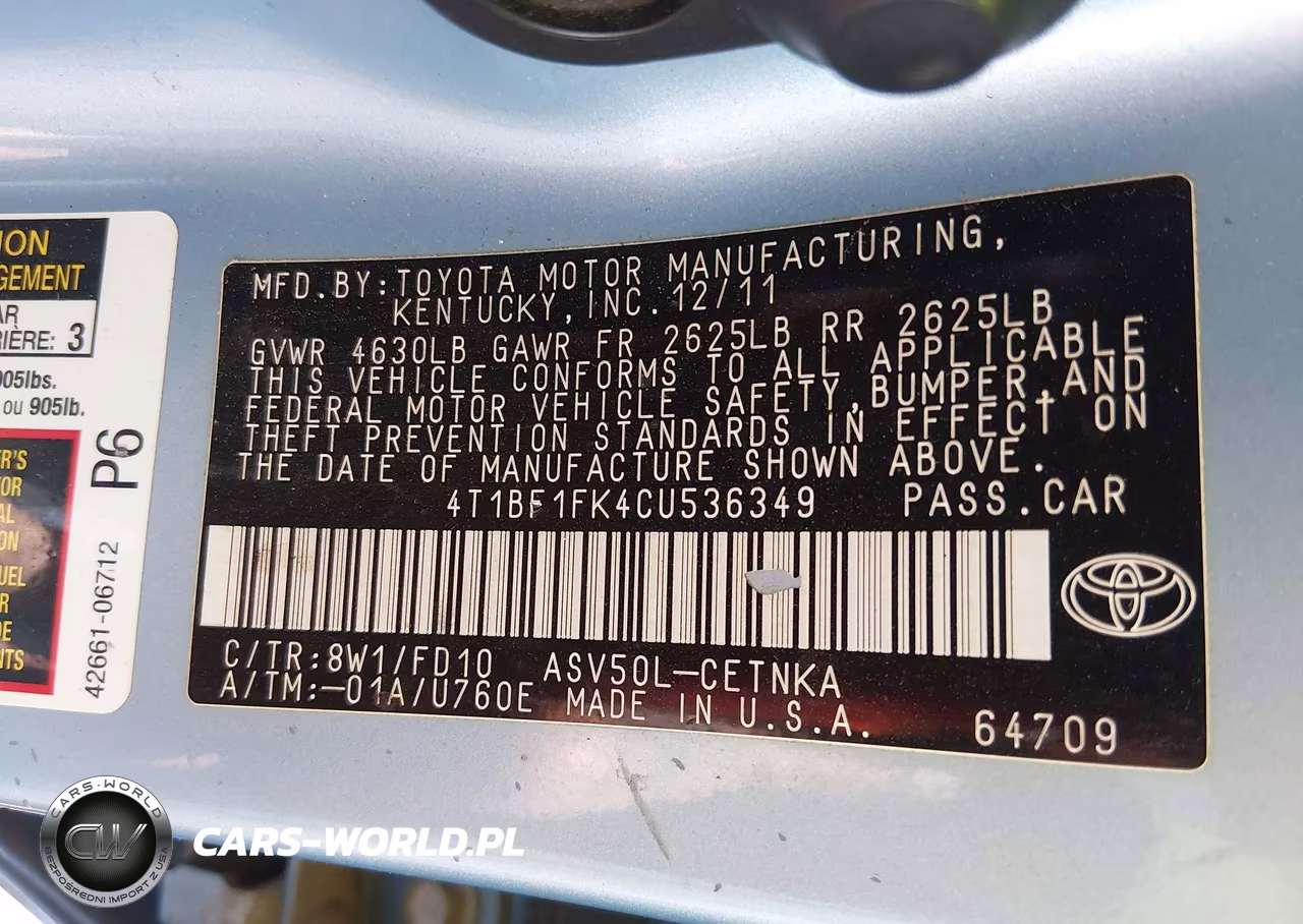 2012 Toyota Camry Le VIN:4T1BF1FK4CU536349 - 9