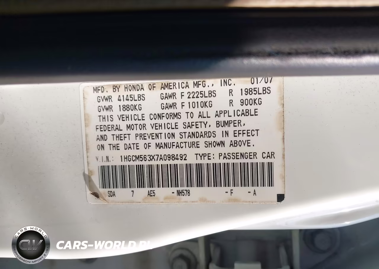 2007 Honda Accord 2.4 Se VIN:1HGCM563X7A098492 - 9