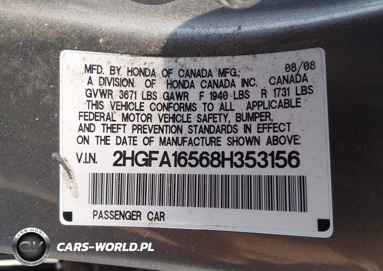 2008 Honda Civic Lx VIN:2HGFA16568H353156 - 9